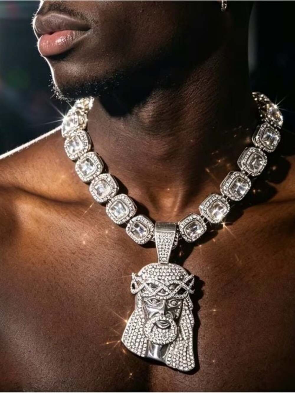 Jesus of Nazareth Pendant Necklace with Crystal Cuban Link Chain Big Jewelry Co